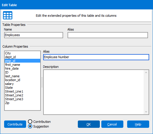 The Edit Table dialog box where Aliases can be added to the Data Dictionary from Argos.